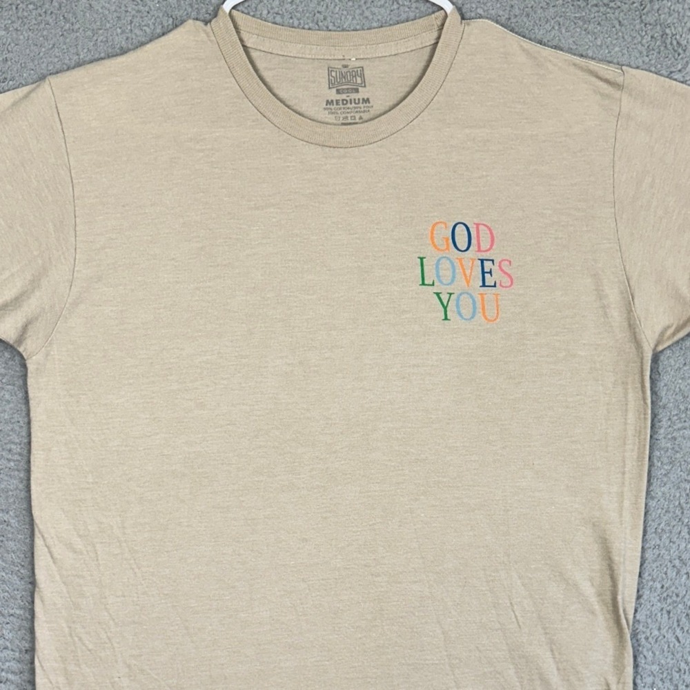 Sunday Cool T-Shirt Men Medium Tan God Loves You Graphic Tee Christian Religious